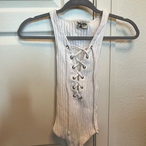 Show Me Your MUMU. White Bodysuit. Lace Up Low Cut. Size Small.